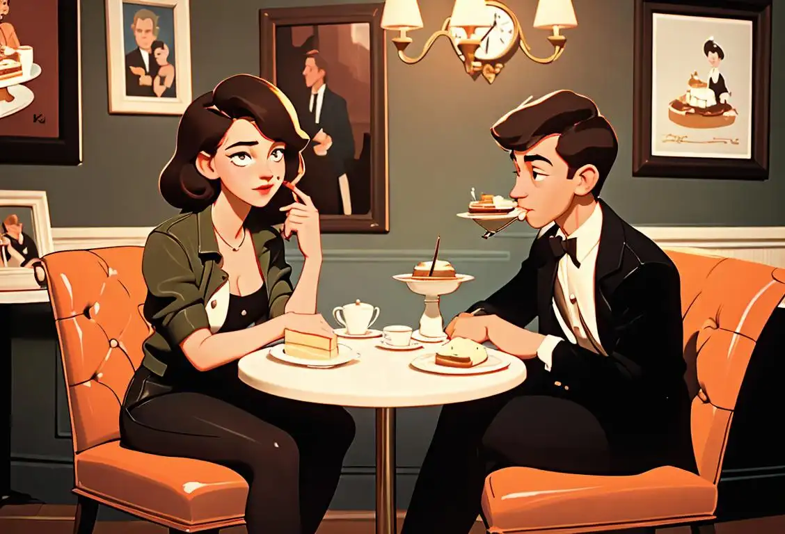 Young couple enjoying a slice of cheesecake at a cozy cafe, dressed in vintage attire, surrounded by retro decorations and classic vinyl records..