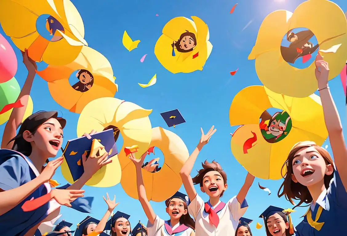 Group of diverse students throwing their graduation caps in the air, wearing colorful summer clothes, sunny school courtyard..