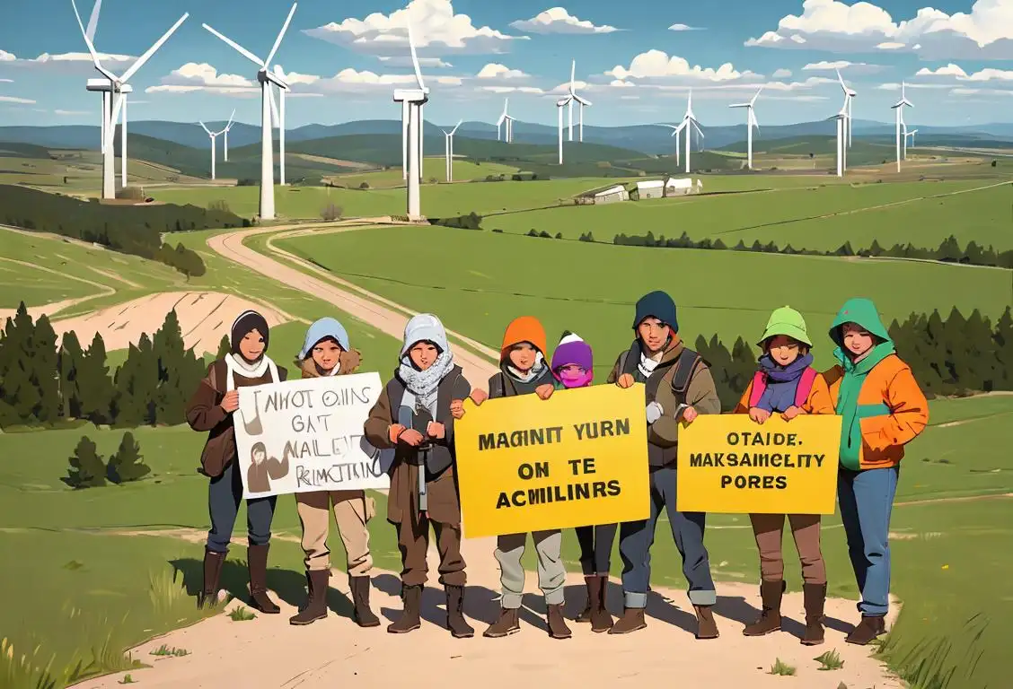 A group of diverse individuals, dressed in outdoor gear, holding signs about environmental protection, amidst a scenic landscape with wind turbines..