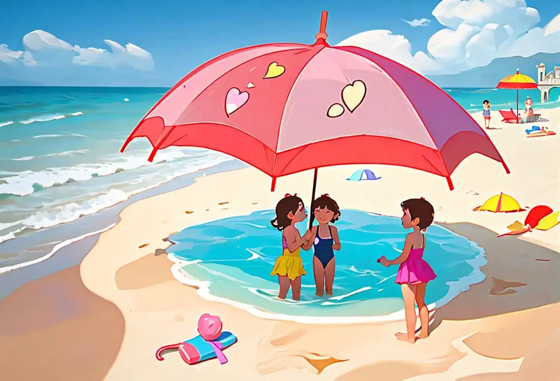A family building sandcastles at the beach, wearing colorful bathing suits, surrounded by beach toys and umbrellas..