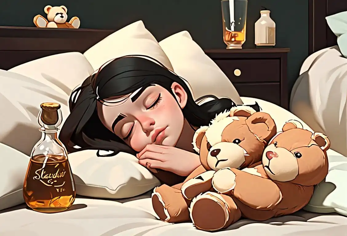 Young person sleeping peacefully, cozy in bed with favorite teddy bear, surrounded by bottles of sparkling water and herbal tea..