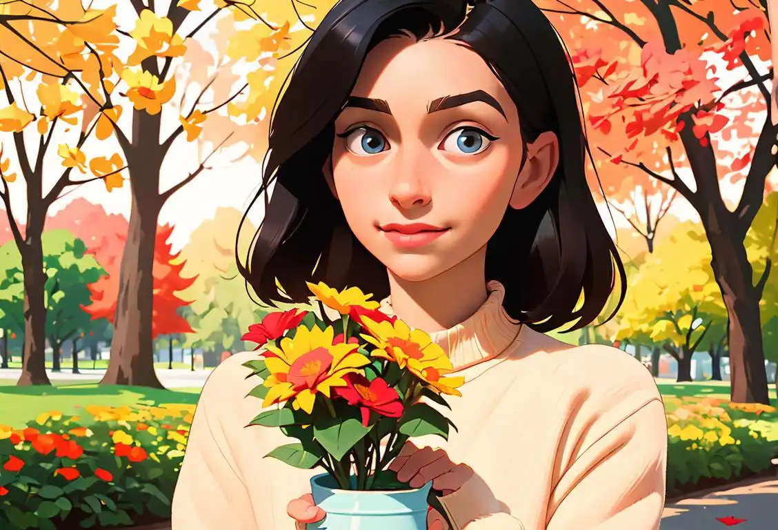 Kind-hearted young woman spreading kindness by giving out flowers, dressed in a cozy sweater, vibrant autumn park scene..
