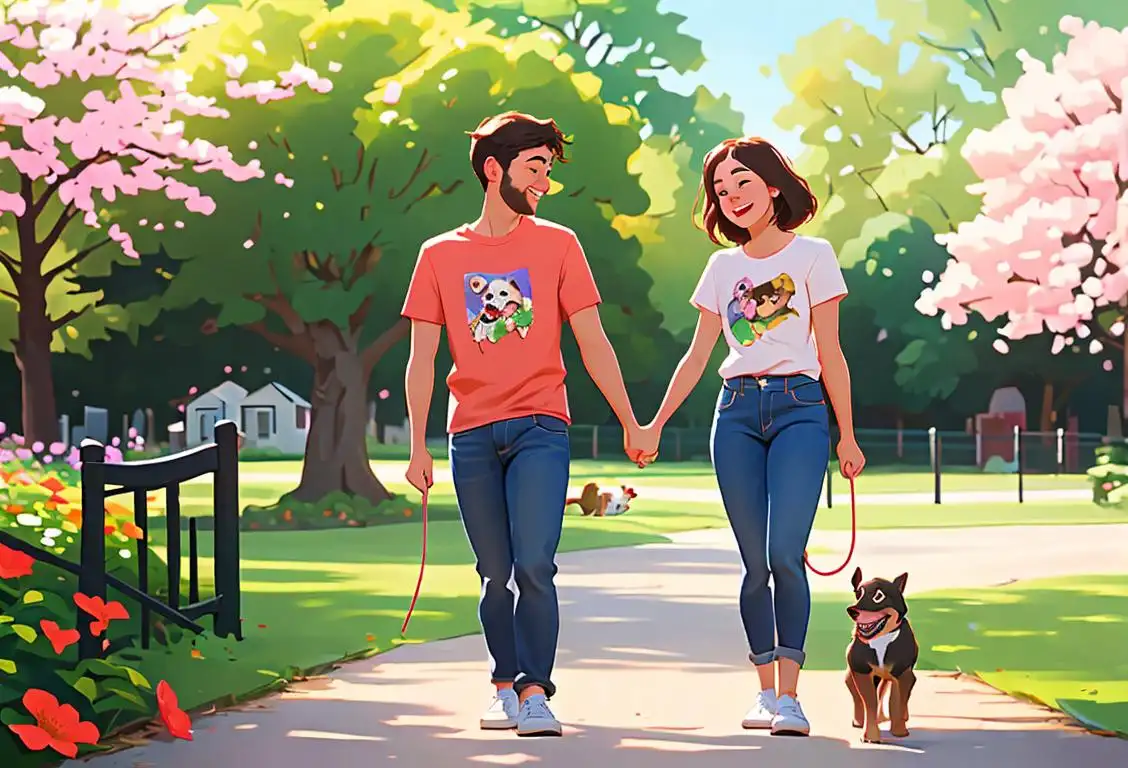 Young couple holding hands, smiling and walking together in a sunny park, wearing matching t-shirts, surrounded by blooming flowers and playful puppies..