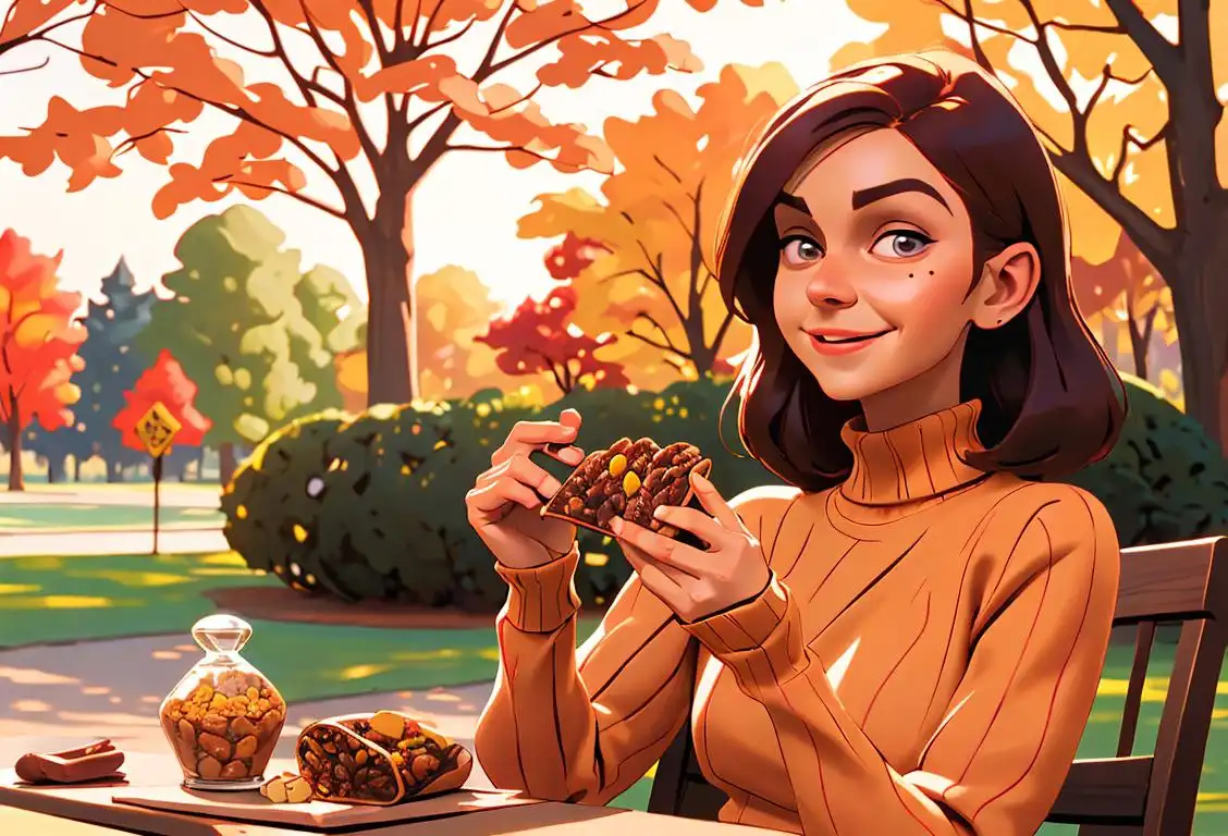 Happy person holding a raisin and spice bar, surrounded by warm autumn colors, cozy sweater, outdoor park scene..