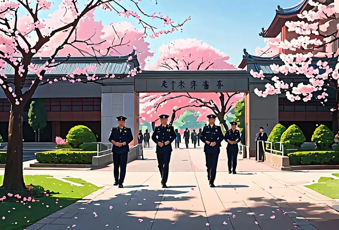 National Security Police standing at the entrance of a Chinese university campus after a peaceful graduation ceremony, surrounded by vibrant campus buildings and blossoming cherry trees..