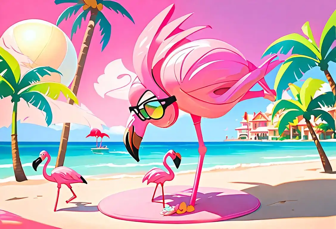 Pink flamingo lawn ornament with sunglasses, surrounded by beach balls and palm trees, sunny backyard setting..