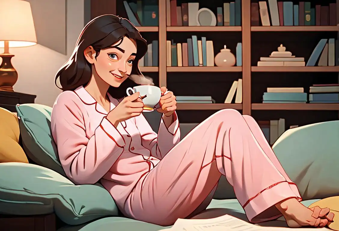 A happy single person enjoying their own company, surrounded by books, wearing comfortable pajamas, and drinking a hot cup of tea..