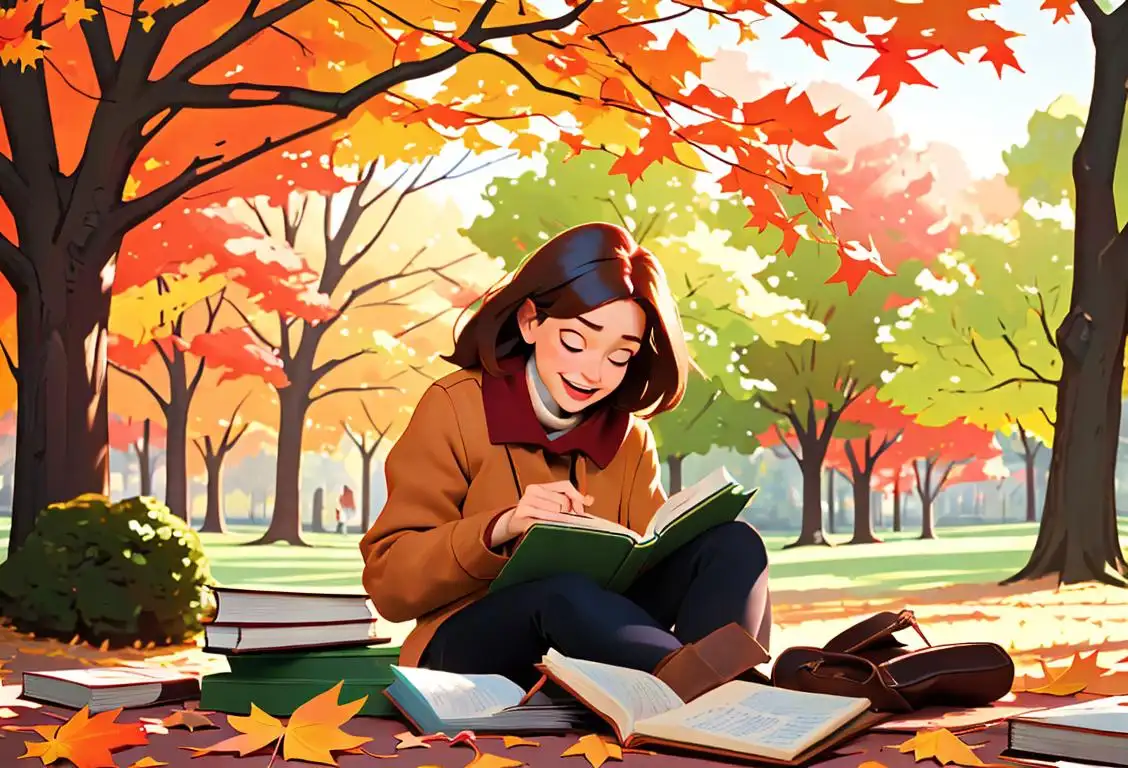 A joyful reader, wearing cozy autumn attire, sitting in a park filled with colorful leaves, surrounded by a pile of books..