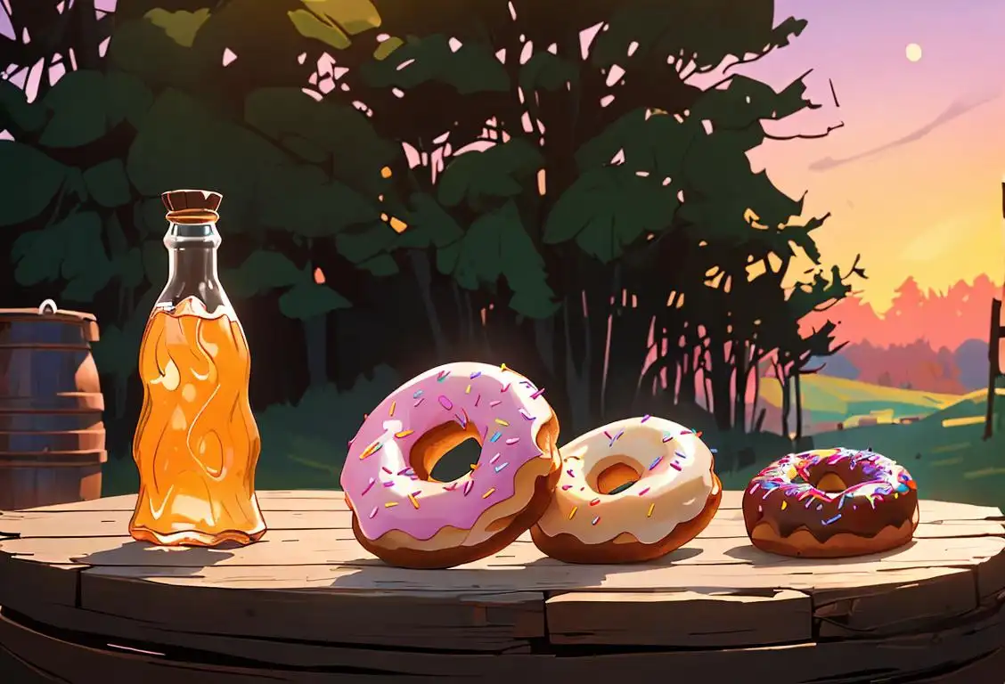 Sweet, colorful donut with moonshine bottle and rustic, country backdrop. A touch of wild, backwoods spirit with a sugary twist!.