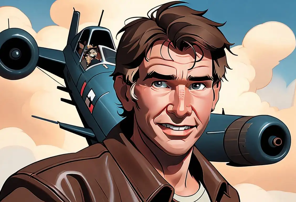 Harrison Ford grinning while piloting an airplane, dressed casually with a leather jacket, adventure-themed background..