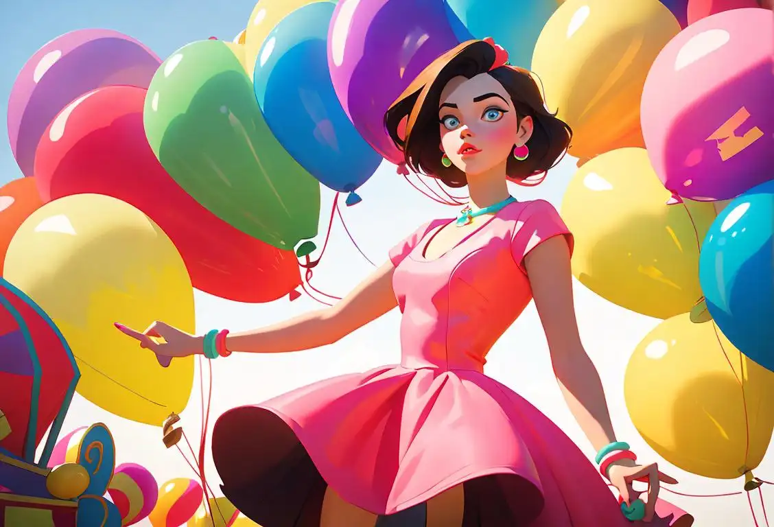Young woman holding a bunch of colorful, whimsical rdn balloons, wearing a retro dotted dress, vibrant carnival setting.
