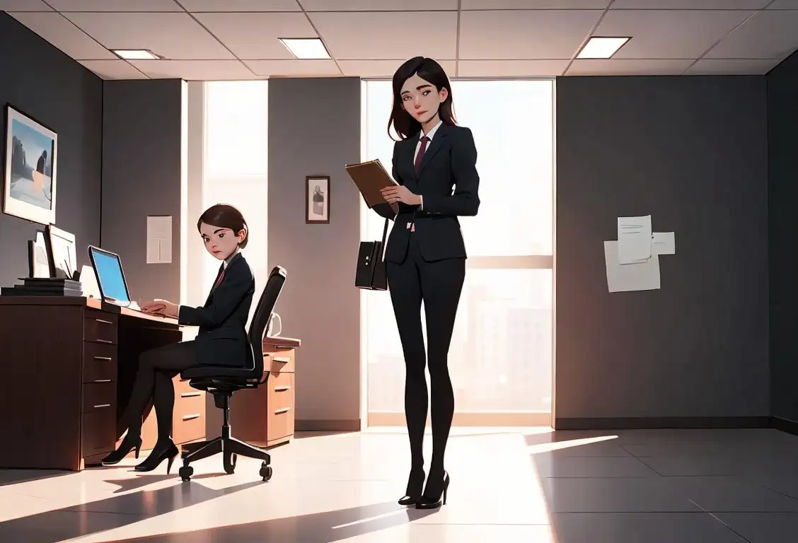 Young girl wearing a business suit, holding a briefcase, standing next to her parent, in a professional office setting..