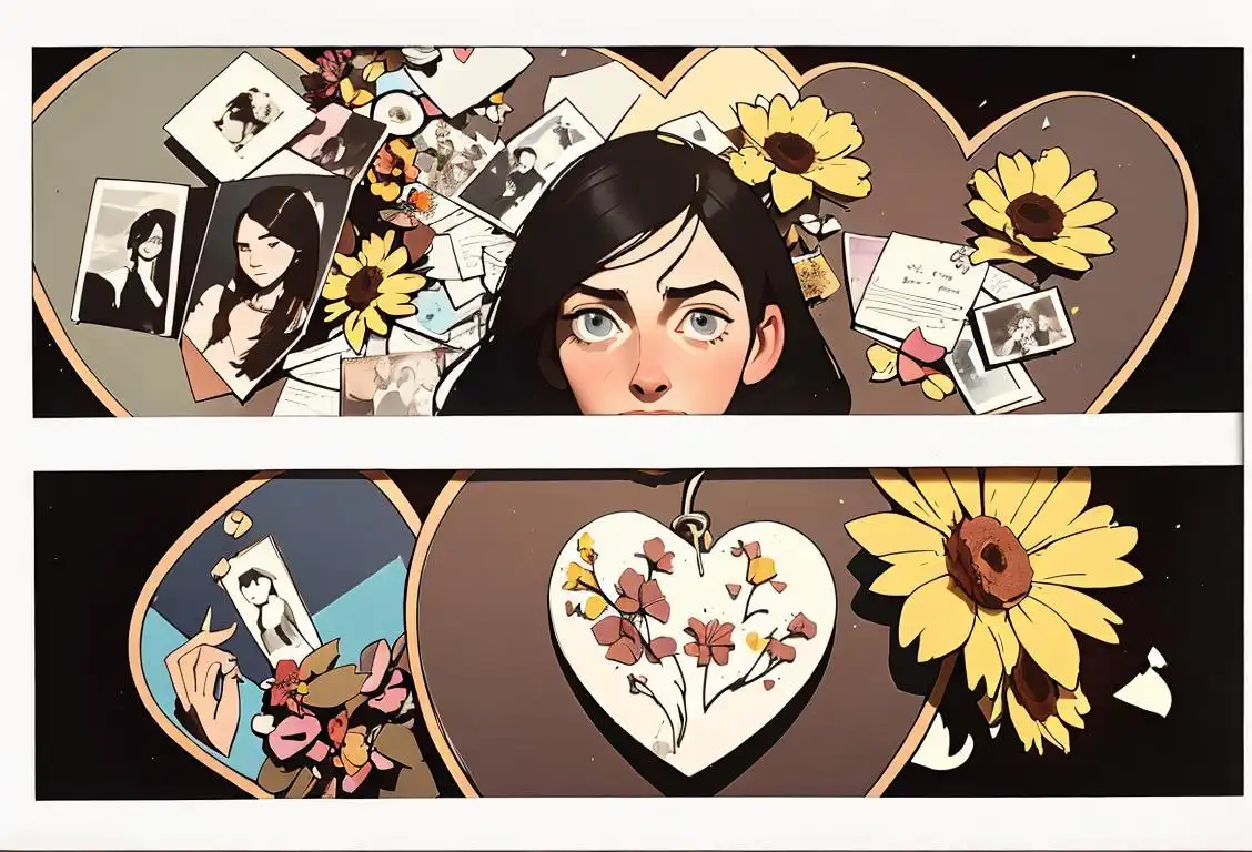 A collage of polaroid pictures featuring a person surrounded by mementos from their past relationship: handwritten letters, dried flowers, and a broken heart necklace..