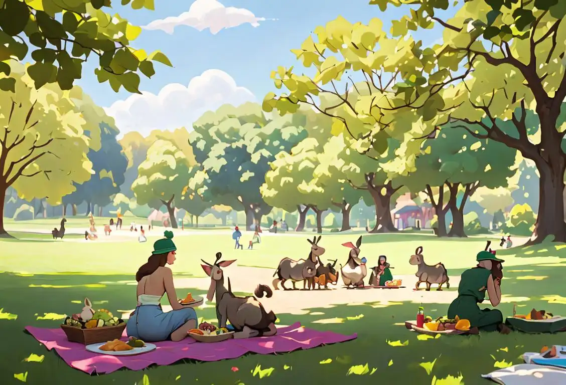 Group of people wearing silly donkey hats, having a picnic in a sunny park surrounded by greenery..
