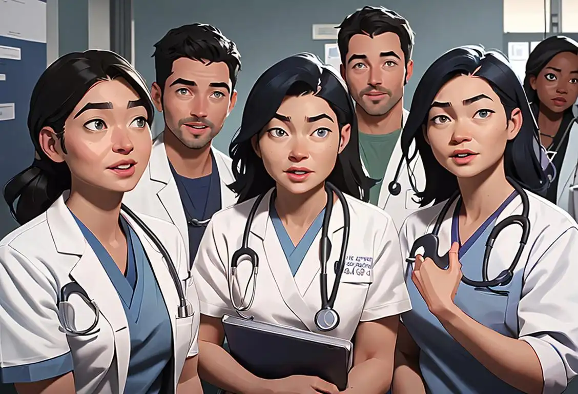 A group of diverse people wearing scrubs, holding stethoscopes, in a bustling hospital setting, with a banner celebrating Grey's Anatomy Fan Appreciation Day..