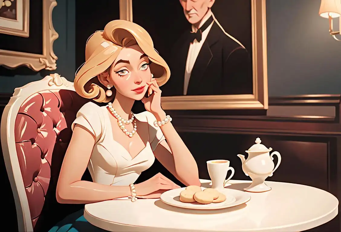 Young woman sitting in a cozy cafe, enjoying a plate of sugar cookies, wearing a vintage-inspired dress and elegant pearl accessories..