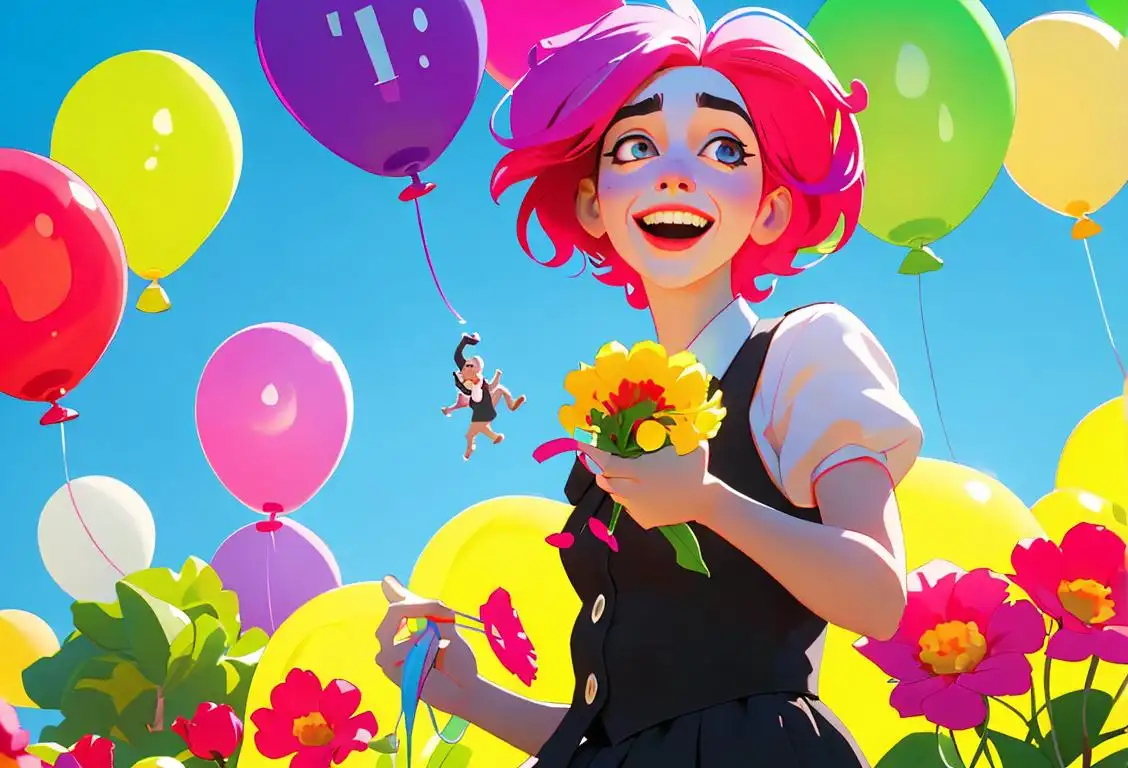Young person happily juggling colorful balloons in a park full of vibrant flowers and cheerful onlookers, celebrating National Psychopath Day.