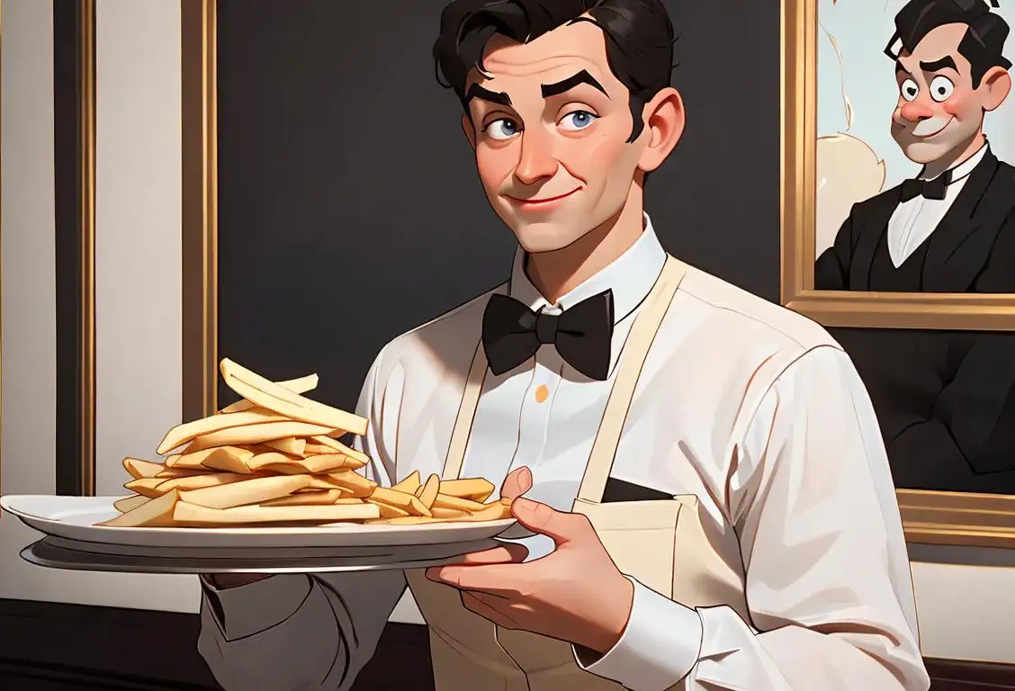 Happy waiter holding a tray of delicious food, wearing a crisp white shirt and bowtie, in a bustling restaurant.