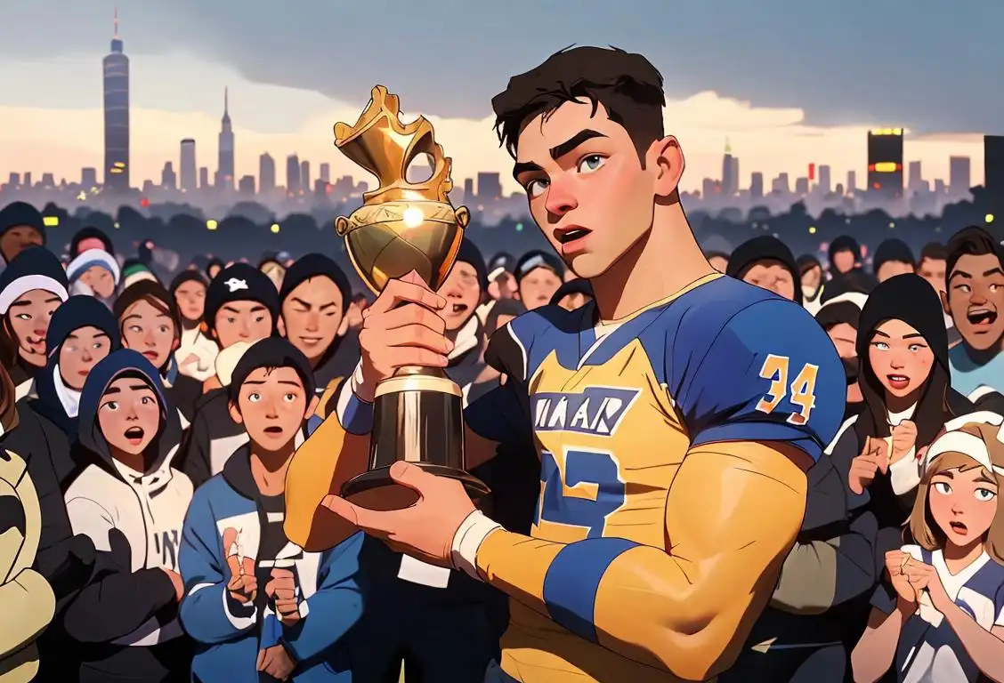 Young man in sports attire holding a trophy, surrounded by cheering crowd, city skyline in the background..