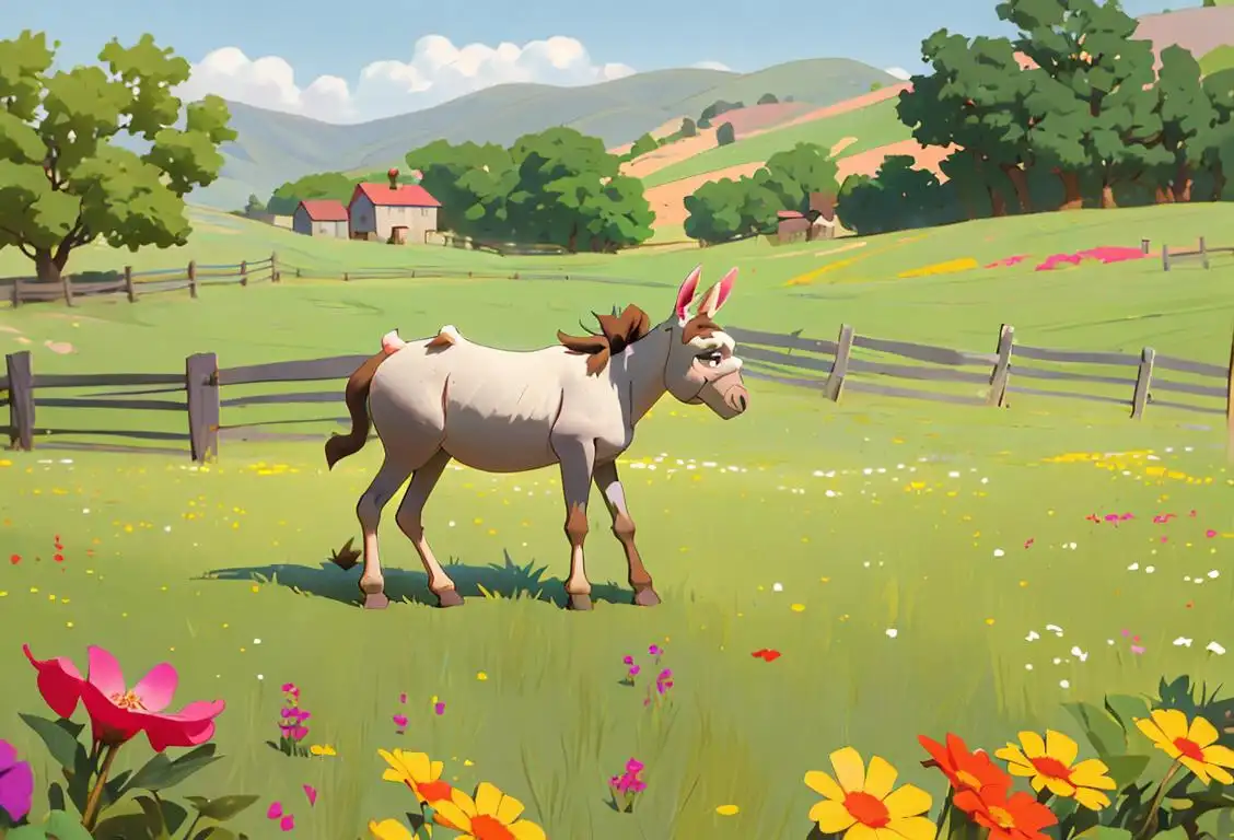 Cute donkey with a colorful saddle charm grazing in a peaceful countryside, surrounded by wildflowers and a rustic fence..