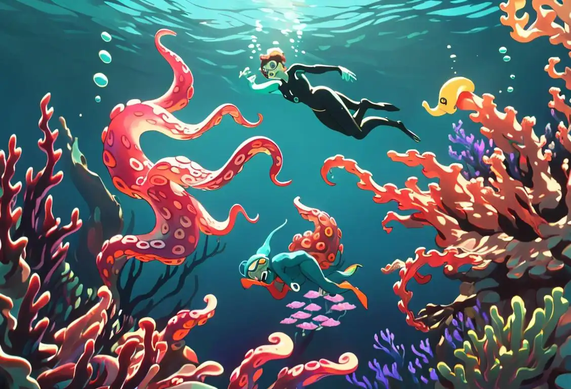 Fascinating underwater scene with colorful tentacles swaying, divers in wetsuits exploring, and mythical sea creatures emerging from the depths..