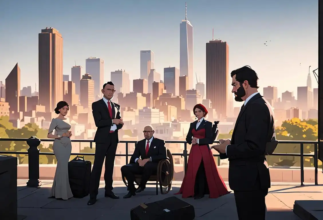 A group of diverse individuals peacefully resolving conflicts, dressed in professional attire, against a city skyline backdrop..