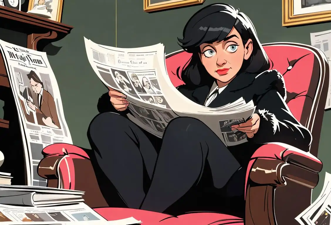Person reading a newspaper in a cozy armchair, wearing a stylish vintage outfit, with a stack of newspapers beside them..
