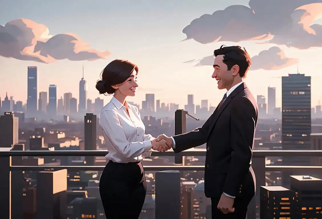 Two people in professional attire, shaking hands enthusiastically, with a city skyline in the background..