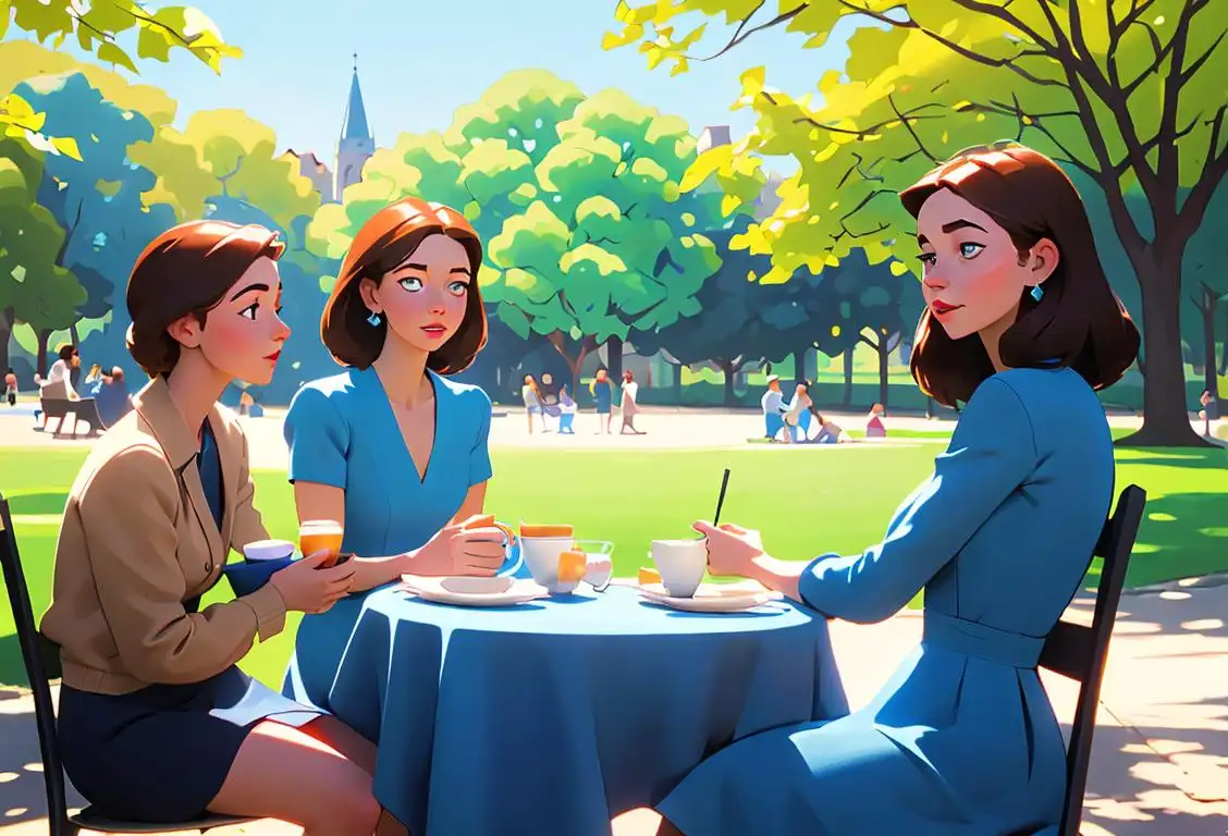 Young woman wearing a blue dress, holding a cup of coffee, surrounded by friends wearing various shades of blue, picnic in a park..