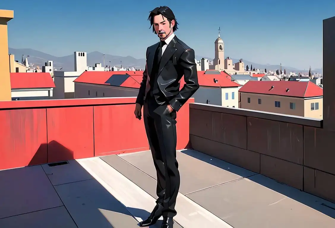 A charismatic Keanu Reeves lookalike, effortlessly stylish in a sleek suit, confidently posing on a modern city rooftop, capturing the essence of National Keanu Day..