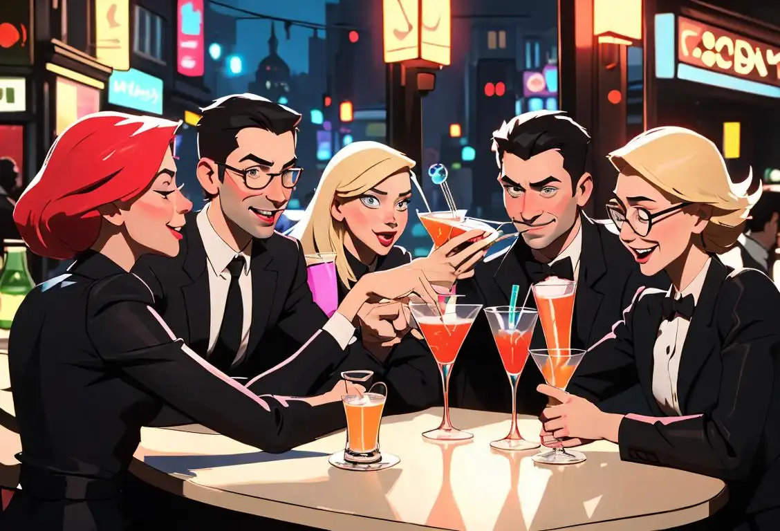 A happy group of friends holding vodka glasses, dressed in stylish outfits, enjoying a vibrant city nightlife..