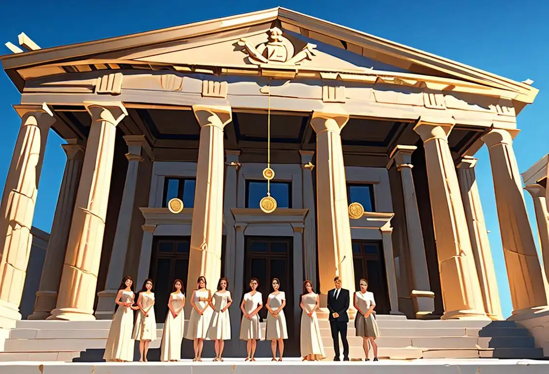 A group of people standing in front of a grand Greek temple, dressed in formal attire, holding Euro coins..