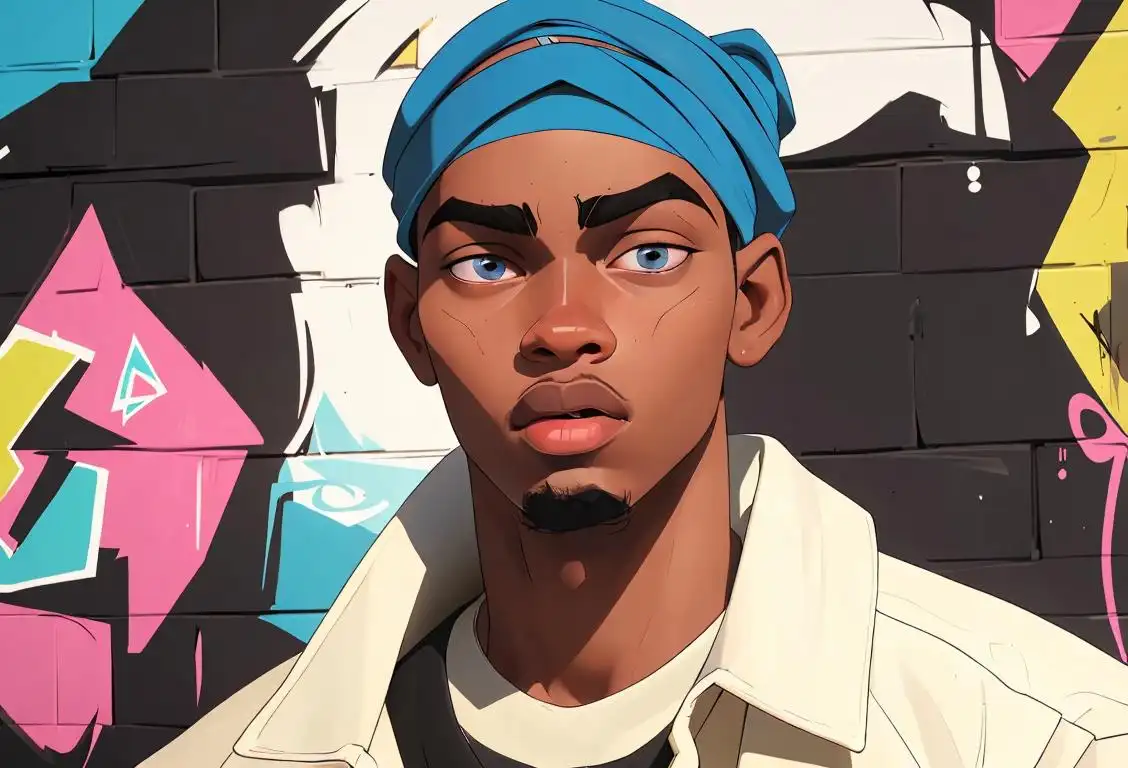 Young man with durag, sporting a trendy streetwear outfit, urban setting with graffiti artwork in the background..
