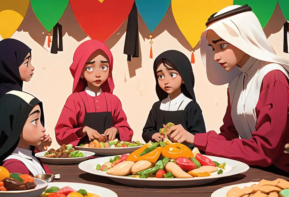 A family gathering around a traditional UAE feast, dressed in colorful clothing, set against the backdrop of a bustling UAE market..
