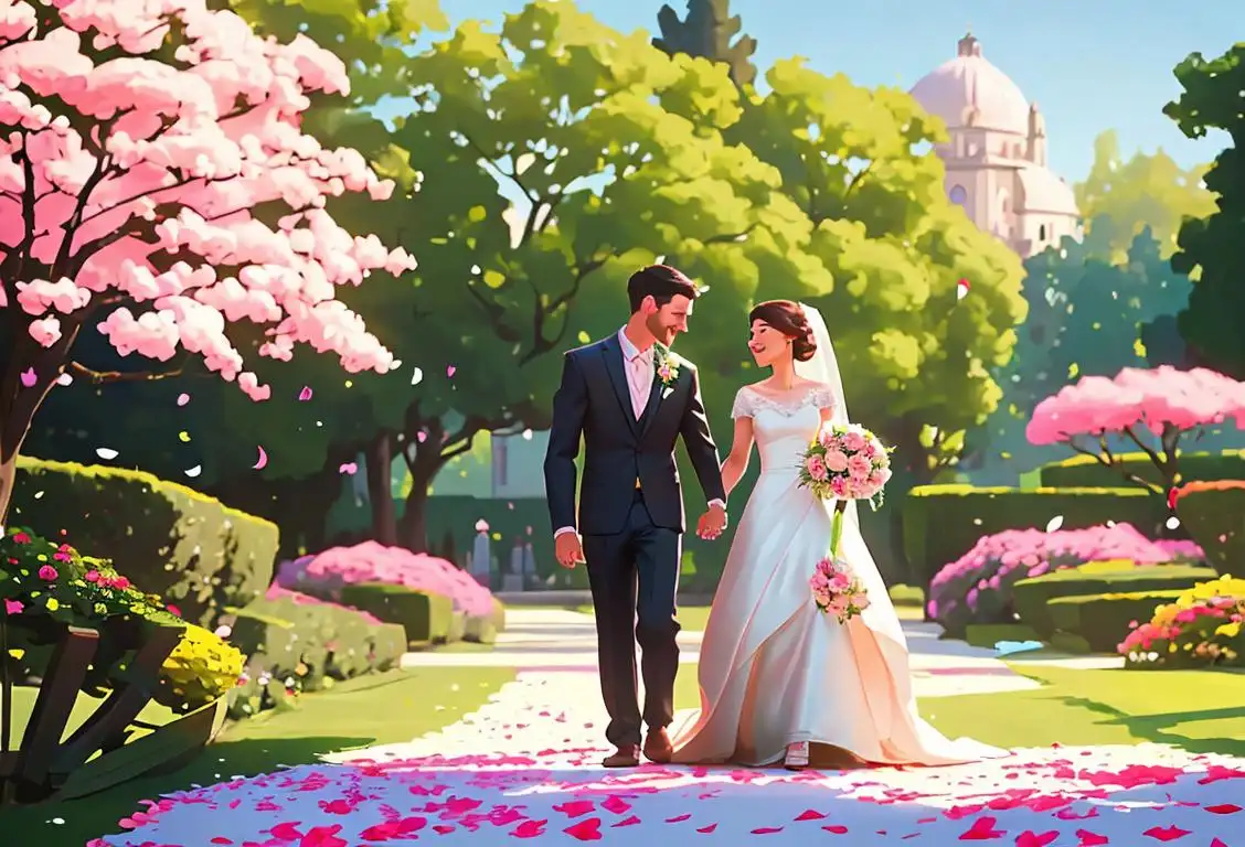 A couple in wedding attire strolling hand in hand through a picturesque garden, surrounded by vibrant flowers and greenery, creating a romantic and dreamy atmosphere..