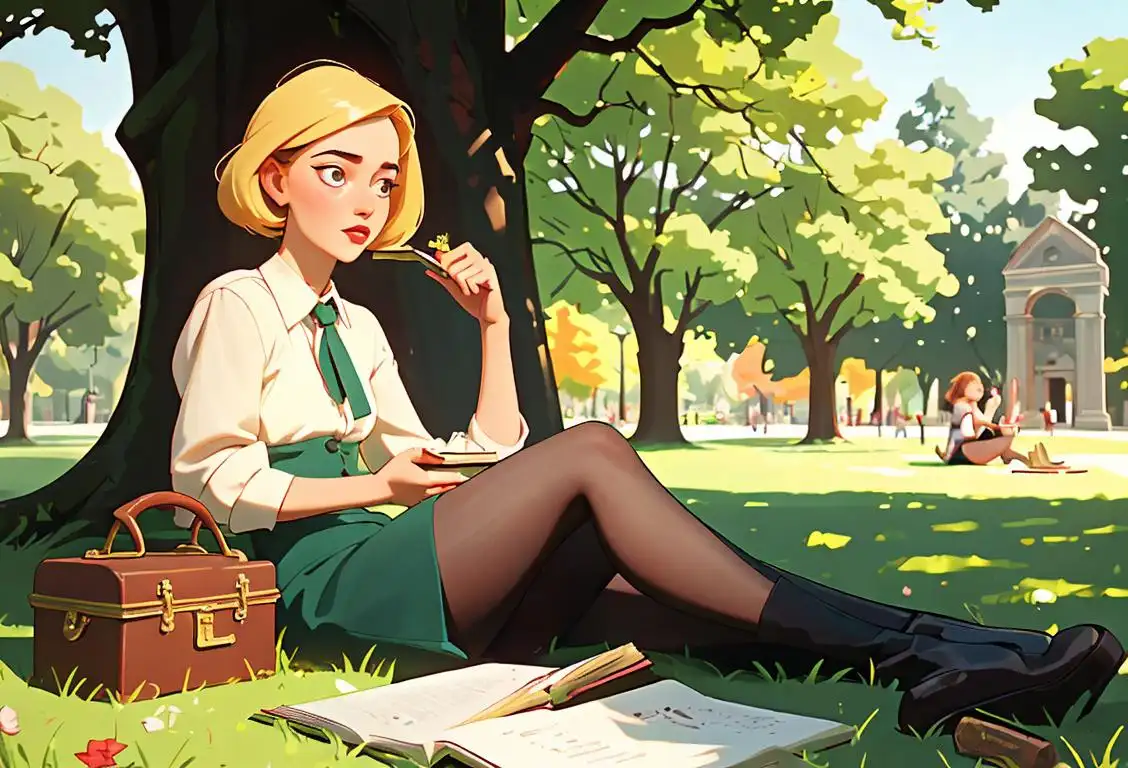 A young woman dressed in a retro outfit, enjoying a picnic in a beautiful park, surrounded by books and artsy decorations..