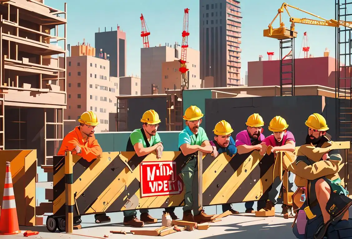 A group of construction workers in colorful hard hats, surrounded by scaffolding, with a diverse range of fashion styles and urban cityscape background..