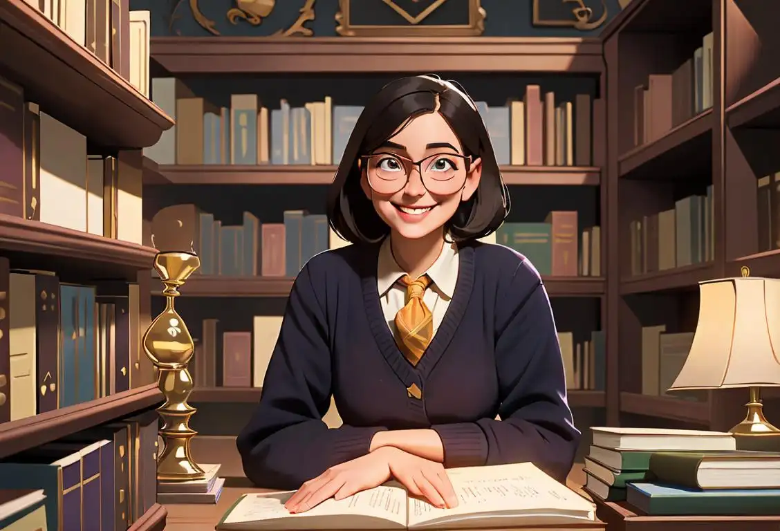 A smiling librarian, wearing glasses, surrounded by towering shelves filled with books, creating a magical literary haven..