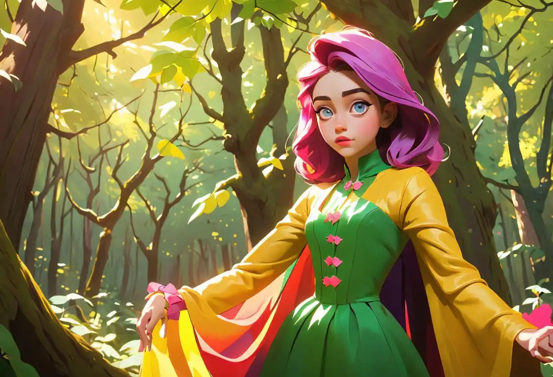 Young girl wearing a colorful, extravagant costume, posing in a whimsical and enchanting forest setting..
