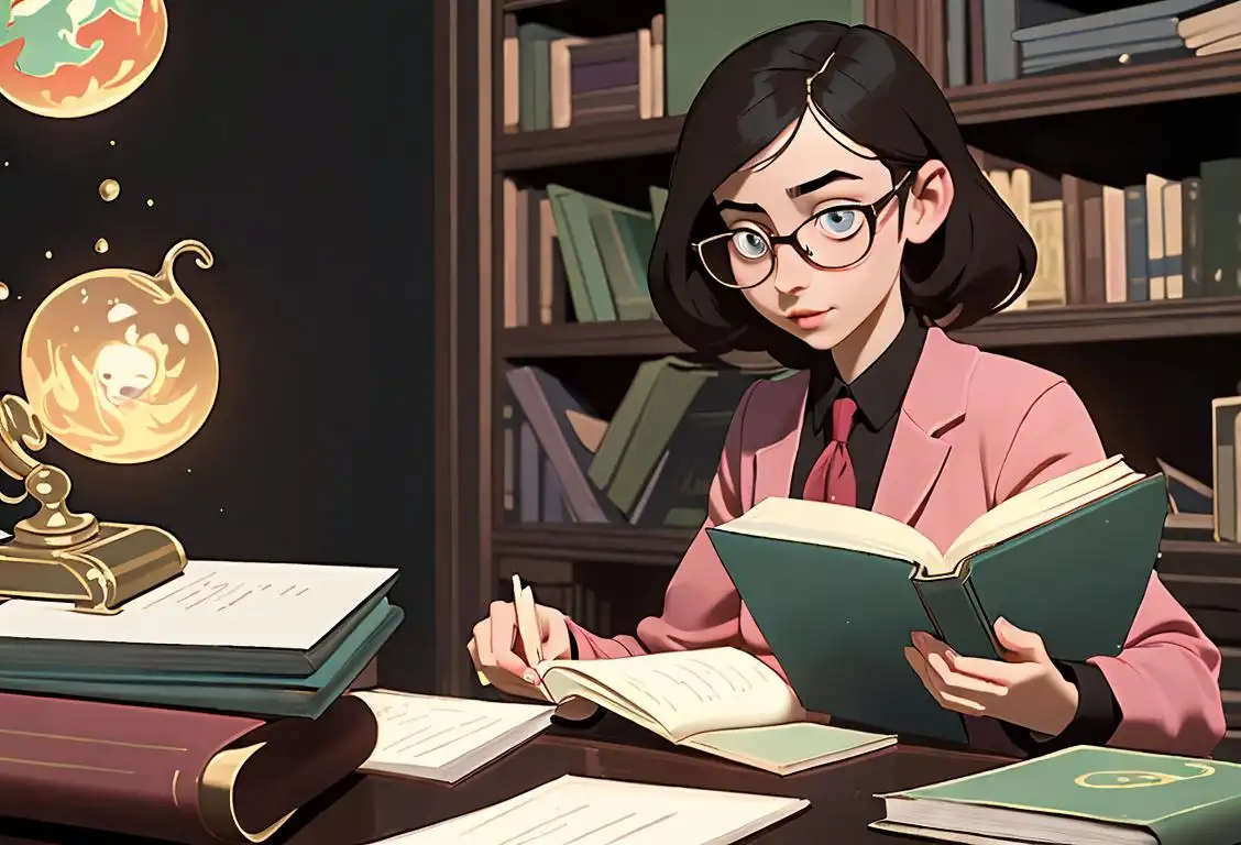 A young student with glasses, examining a book in a whimsical library filled with floating books, fairytale fashion, and a touch of magic..