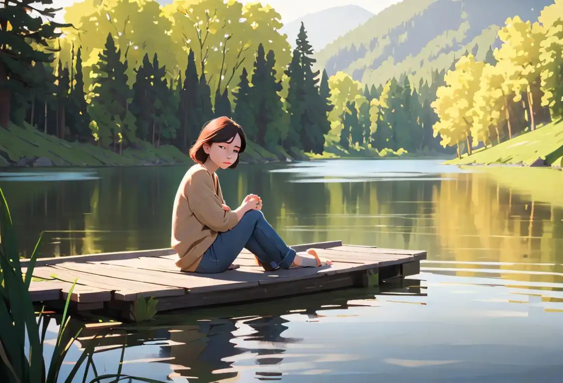 Person sitting peacefully by a lake, wearing comfortable clothes, surrounded by nature and serenity..