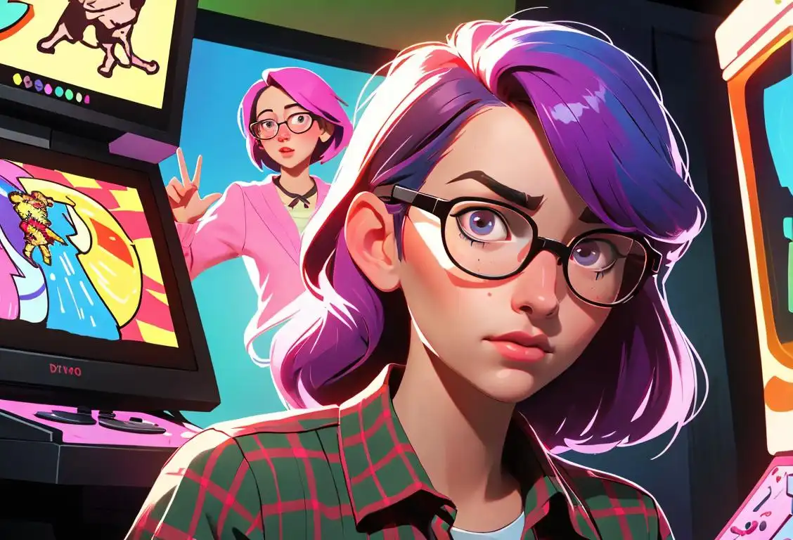 Young woman with colorful hair, wearing oversized glasses and plaid skirt, surrounded by retro computer monitors and arcade machines..