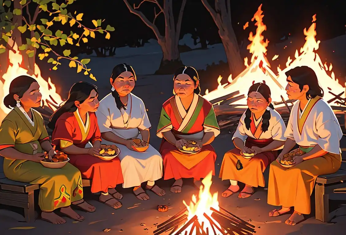 Group of indigenous people gathered around a bonfire, wearing traditional clothing, celebrating National Indigenous Peoples Thanksgiving Day in a scenic natural setting..