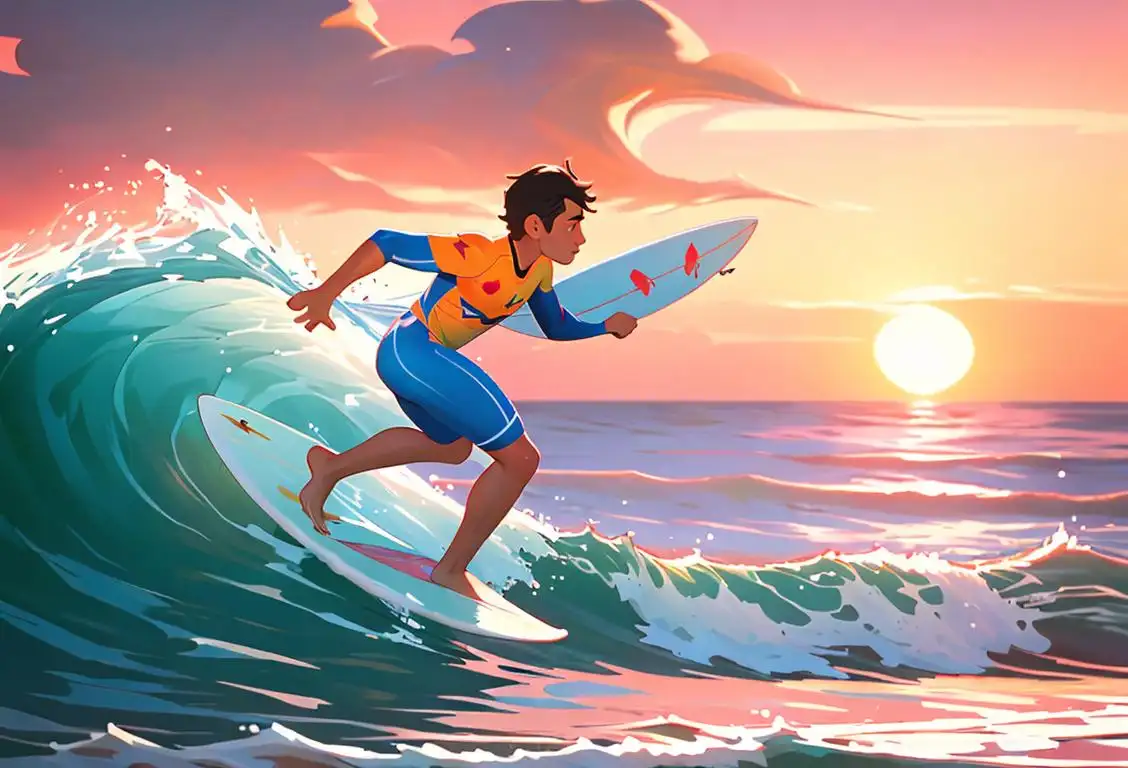A surfer catching a wave with a colorful sunset in the background, wearing board shorts and a rash guard, beach scene..