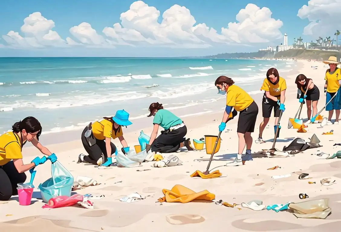 A group of people with gloves and trash bags cleaning up a beautiful, sunny beach..