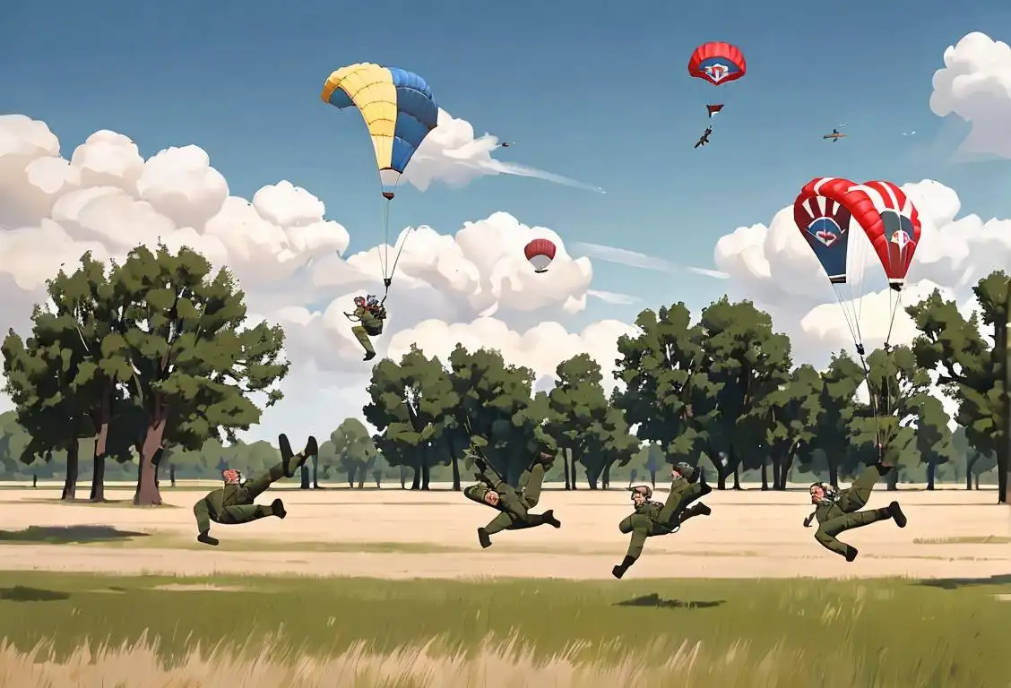A group of military paratroopers in action, wearing camouflage uniforms and parachutes, against a picturesque outdoor setting..