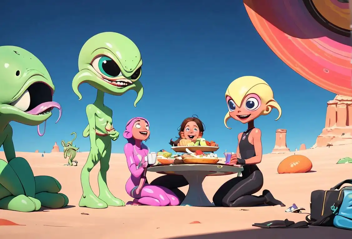 A group of cheerful, diverse people wearing futuristic clothing, enjoying an otherworldly picnic in a vibrant alien landscape..