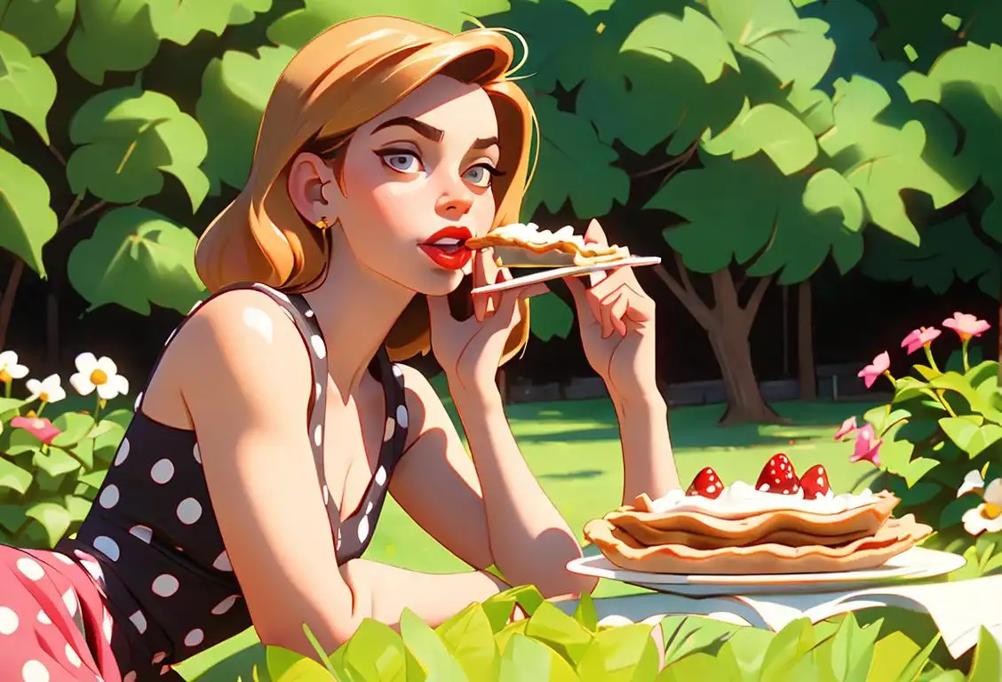 Young woman named Dinah, eating a slice of pie, wearing a vintage polka dot dress, at a picnic in a sunny garden..