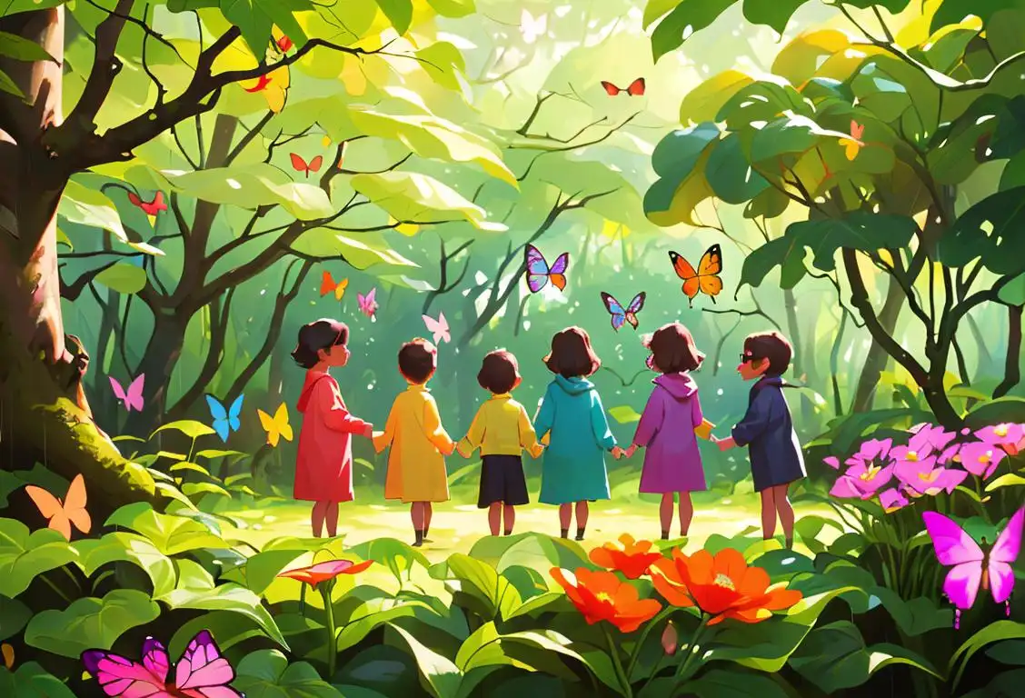 A diverse group of children wearing colorful raincoats, exploring a lush forest with magnifying glasses, surrounded by butterflies and flowers..
