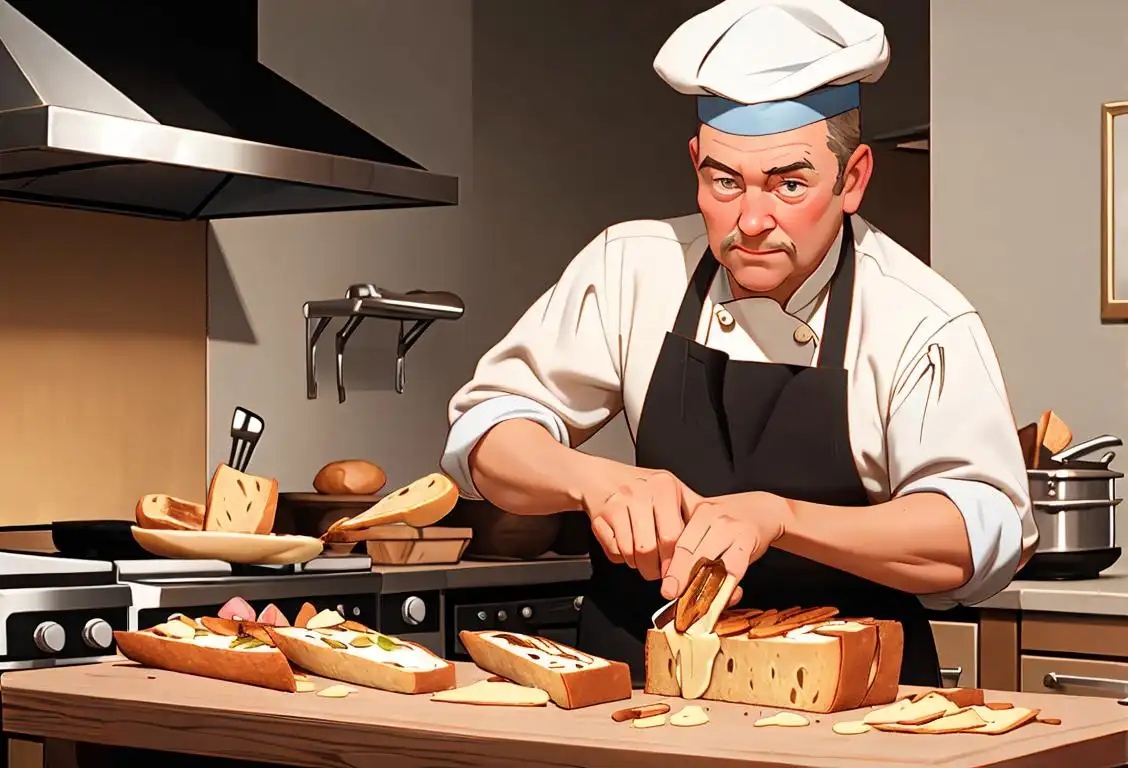 A person holding a piece of toasted bread, wearing a chef's hat, surrounded by a rustic kitchen scene..